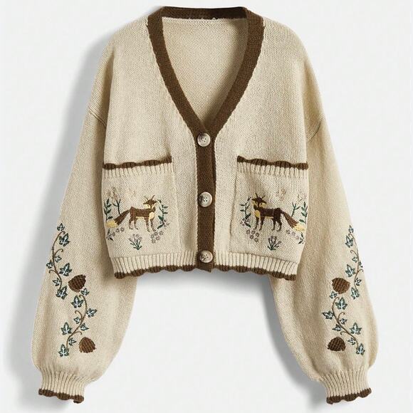 Romwe Fox Embroidered Crop Cardigan Knit Sweater Womens L Cottagecore Fairycore - Picture 1 of 11
